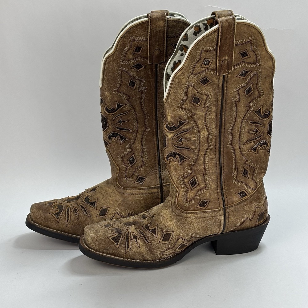 Laredo 51149 Women's Size 8 Brown Leather Western Cowboy Boots Point Inlay